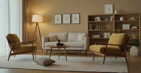 Modern living room design with sophisticated furnishings, calming neutral colors, and decorative accents for a welcoming and stylish home atmosphere