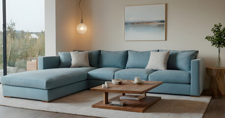 Elegant modern living room with a plush blue sectional sofa, chic wooden coffee table, and tranquil landscape art displayed on the wall