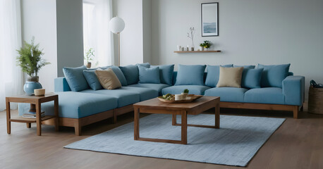 Spacious minimalist living room featuring a comfortable blue sofa, wooden coffee table, and green plants adding a touch of nature