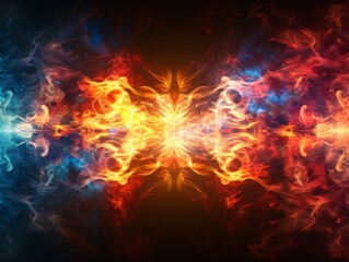 Digital flames in bright, vivid colors, forming intricate fractal patterns, glowing brightly on a black background