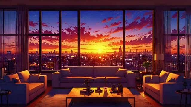 A cozy living room with large windows vibrant cityscape at sunset, stream starting soon overlay loop, virtual background vtuber asset twitch zoom OBS, manga anime chill hip hop Lofi 4k Animation video