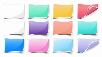 Collection of twelve rectangular stickers with a slight 3D effect, as if they are peeling off a surface. The stickers are arranged in three rows and four columns