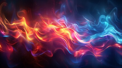 Digital flames in neon shades of red, blue, and yellow, flickering and glowing like embers, set against a dark background