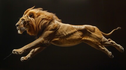 Fototapeta premium Dynamic shot of a male lion in mid-stride, captured against a dark background that accentuates the animal's form and the motion of the scene