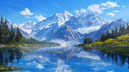 Fototapeta premium tranquil mountain lake reflecting majestic snowcapped peaks under a clear blue sky digital painting
