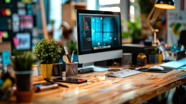 The bustling atmosphere of a developer's workstation, complete with programming essentials and a touch of nature.