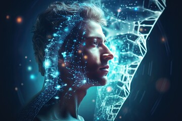 Man DNA genetic of human on virtual interface, communication with ai concept.