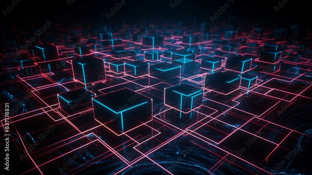 Poster cyberspace concept with digital grid lines and glowing neon elements on a dark background.
