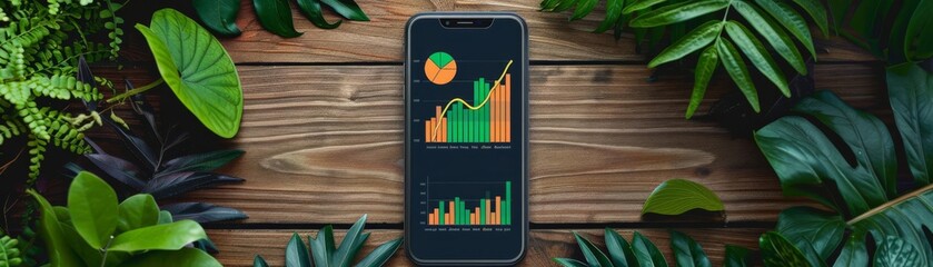 Obraz premium Digital financial management in an ecofriendly setting, mobile displaying vibrant charts, wooden surface, lush foliage around