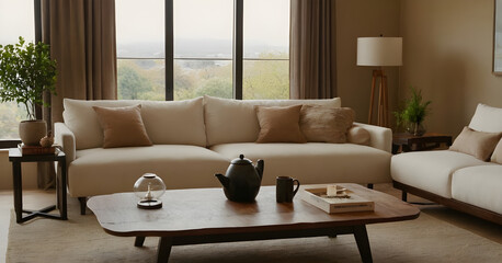 Fototapeta premium Modern home comfort and style showcased in an elegant living room with a cozy beige sofa, wooden coffee table, and subtle decor elements