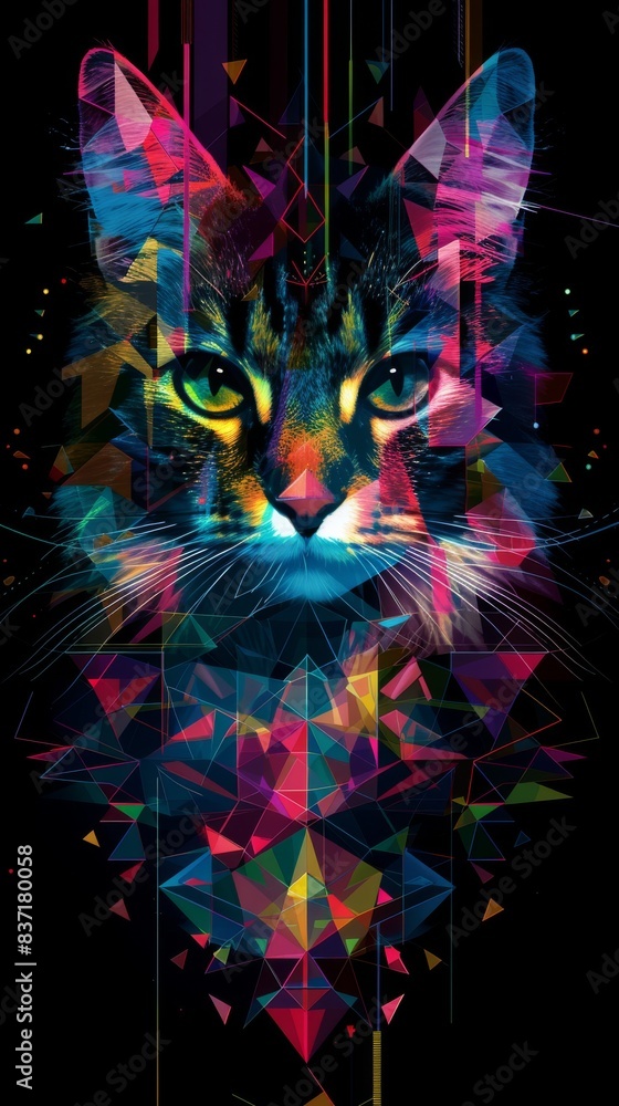 Poster an abstract portrait of a cat, featuring a kaleidoscope of bright colors and sharp geometric pattern