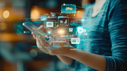 Holographic icons hover over a smartphone, inviting interaction in a mesh of digital pathways.