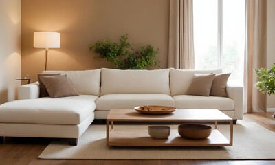 Modern living room with a white sectional sofa, wooden coffee table, and cozy ambient lighting from a floor lamp