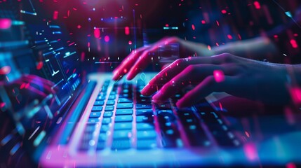 A user's hands interfacing with a laptop keyboard generate a visual explosion of network activity and data flow.