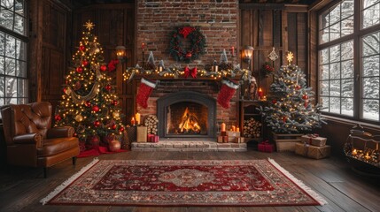 Christmas Room Interior Design, Xmas Tree Decorated By Lights Presents Gifts Toys, Candles And Garland Lighting Indoors Fireplace