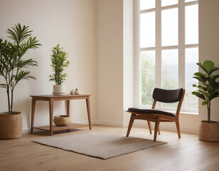 Fototapeta premium Stylish chair, wooden table, green plants, and large window with abundant natural light in minimalist living room design