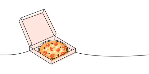 Pizza with ingredients in a box one line colored continuous drawing. Traditional italian fast food continuous one line illustration.