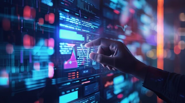 Innovating with data: Data analysist engages with a touchscreen dashboard, analyzing and interpreting complex information.