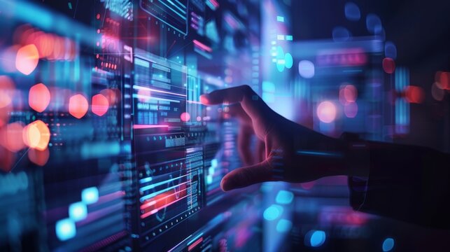 A hand reaches out to a futuristic network analysis display on a cutting-edge digital interface.