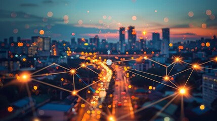 A network of communication unfolds across the urban horizon as city lights begin to twinkle.