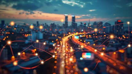 Fototapeta premium The city's pulse is visible in glowing nodes and lines that mimic the bustling streets at rush hour.