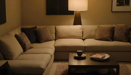 Cozy nighttime living room setting with a plush couch, fluffy cushions, a glowing lamp, and a well-appointed coffee table