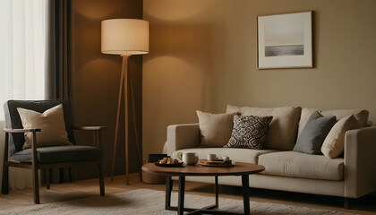 Stylish living room interior with cozy sofa, elegant armchair, and inviting warm lighting for a tranquil atmosphere