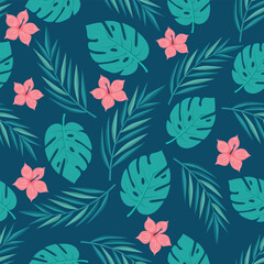 Blue and pink floral pattern with green palm leaves and pink tropical flowers.