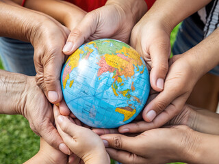 The image is an illustration of a globe surrounded by caring children's, women's and men's hands.