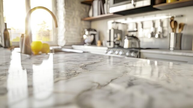 A close-up of a kitchen marble countertop facing a blurry background of appliances and utensils