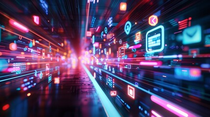 Fototapeta premium Illuminated flow of information symbols in a high-tech cyber network infrastructure.