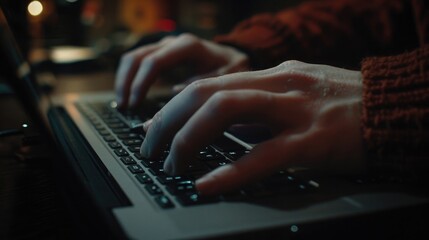 A close-up of a persons hands typing on a laptop keyboard in a dark room during a virtual conference call
