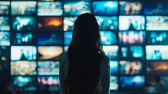 woman surrounded by multiple tv screens showcasing multimedia content online broadcasting and streaming concept video wall background