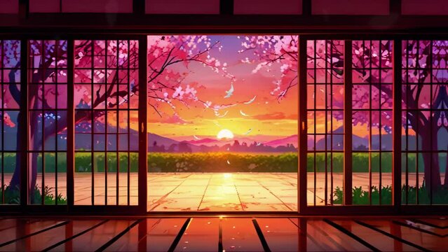 A room with sliding Japanese doors opening garden cherry blossom, sunrises overlay loop, animated virtual backgrounds, vtuber asset twitch zoom OBS, manga style anime chill hip hop 4k Animation video