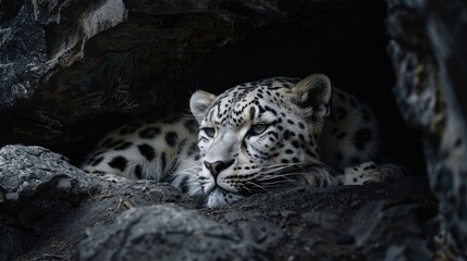 Fototapeta premium A white leopard lying in a dark black cave