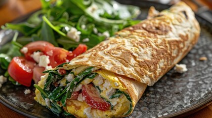A whole grain wrap filled with a Greek omelette made with spinach and feta cheese, served with a side of fresh salad