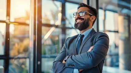 Successful executive in a bright office, arms crossed, looking outside with a smile.