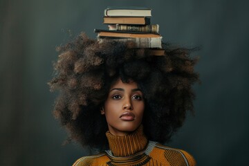 A woman with afro highlights looks books