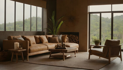 Fototapeta premium Minimalist living room with a cozy sofa, plenty of natural light, and a tranquil forest view from expansive windows