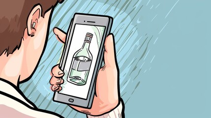 a cartoon image of a person looking at a smartphone on the screen of which a bottle of vodka is depicted.