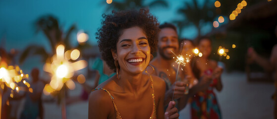 A group of diverse people holding sparklers and laughing together at a backyard 4th of July party