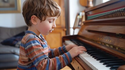 A young boy playing music song on his piano homemade