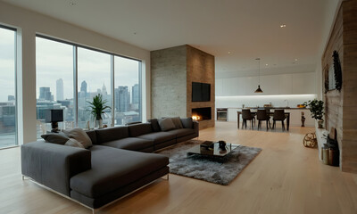 Contemporary living room with panoramic city views and minimalist, luxurious interior design