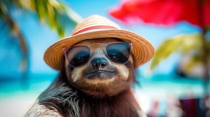 Fototapeta premium Relaxing sloth with sun hat and sunglasses on beach.