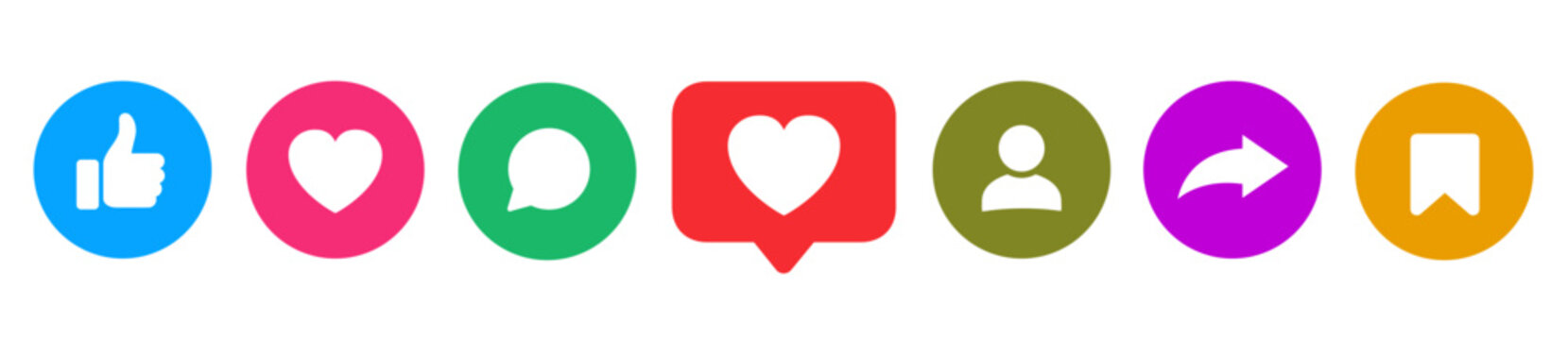 Like, love, heart, thumb up, repost, comment, share, save, stories user button sign in circle and speech bubble shapes, emoji post reactions, set social media notification functional icons &ndash; vector