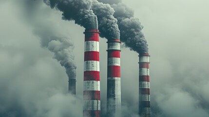 Industrial chimneys emitting thick smoke against a foggy background, highlighting pollution and environmental impact. Concept of pollution, industry, and environmental issues.