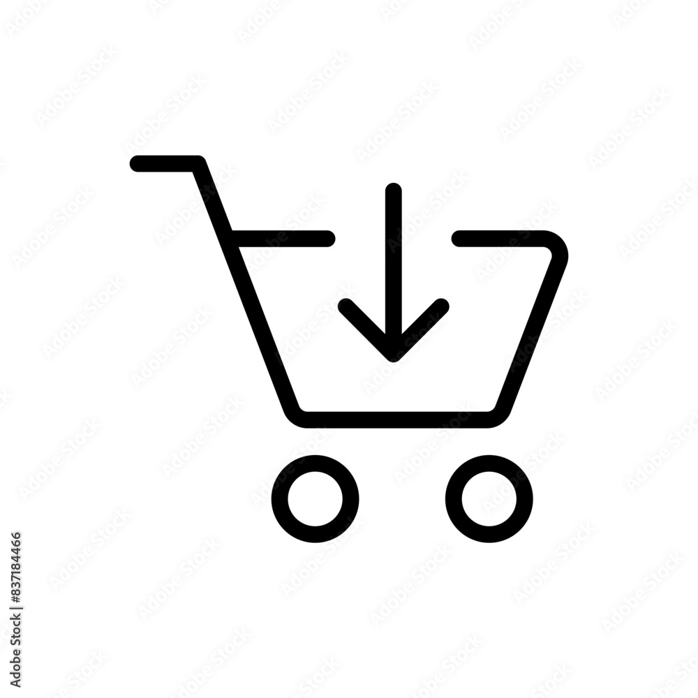 Poster add to shopping cart icon, shop basket symbol with arrow down icon symbol . line outline. web vector icon