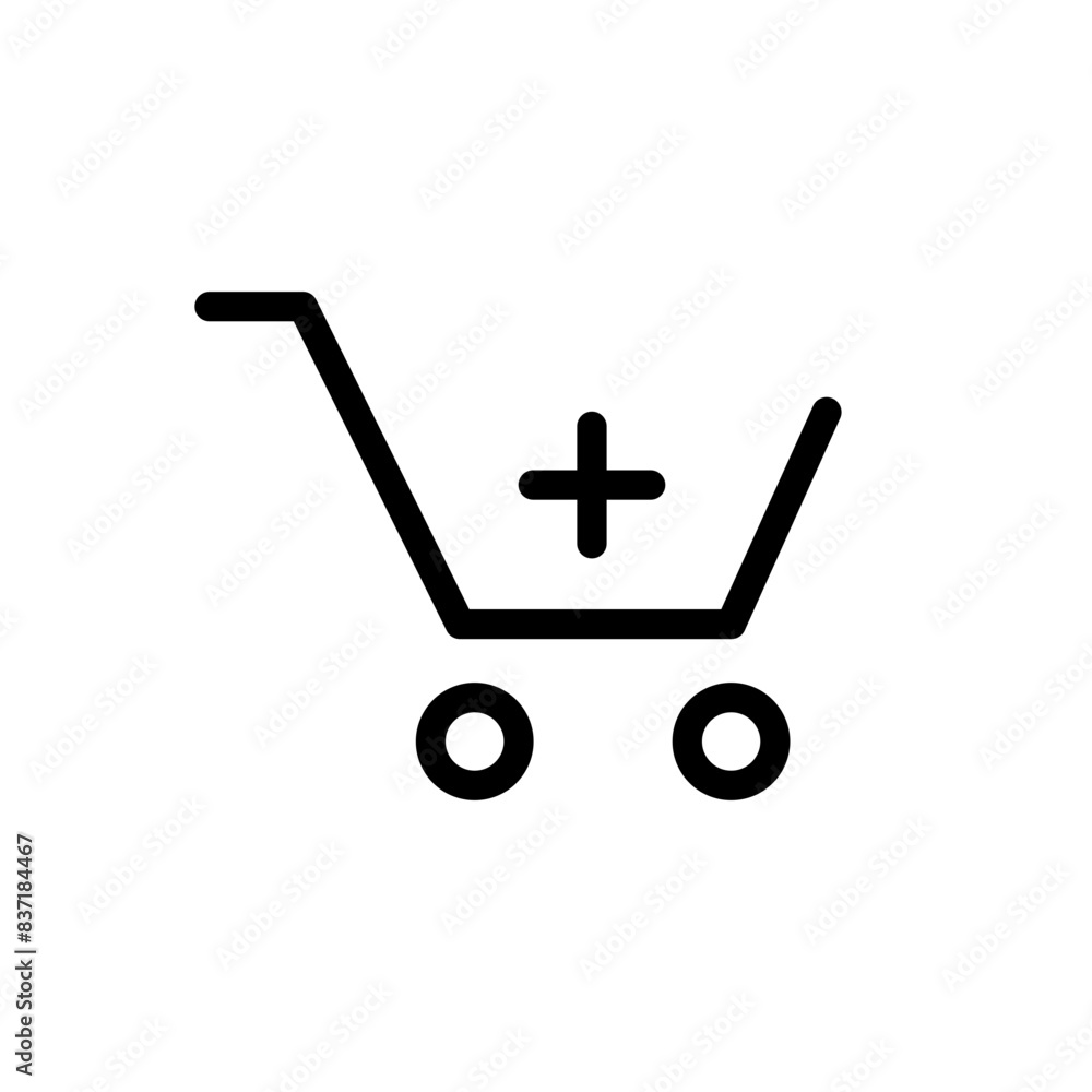 Poster add to shopping cart icon, shop basket symbol with plus icon symbol . line outline. web vector icon
