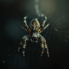 Obraz premium Macro shot of a spider on its web, the delicate strands and body details in sharp focus, with a dark, blurred background