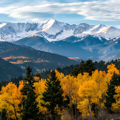 Vibrant fall foliage blankets the foreground with the majestic snowcapped rocky mountains in the backdrop
